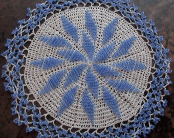 Rare Antique Hand Crochet Doily With Blue Tiny Glass Beads Crocheted In The Doily