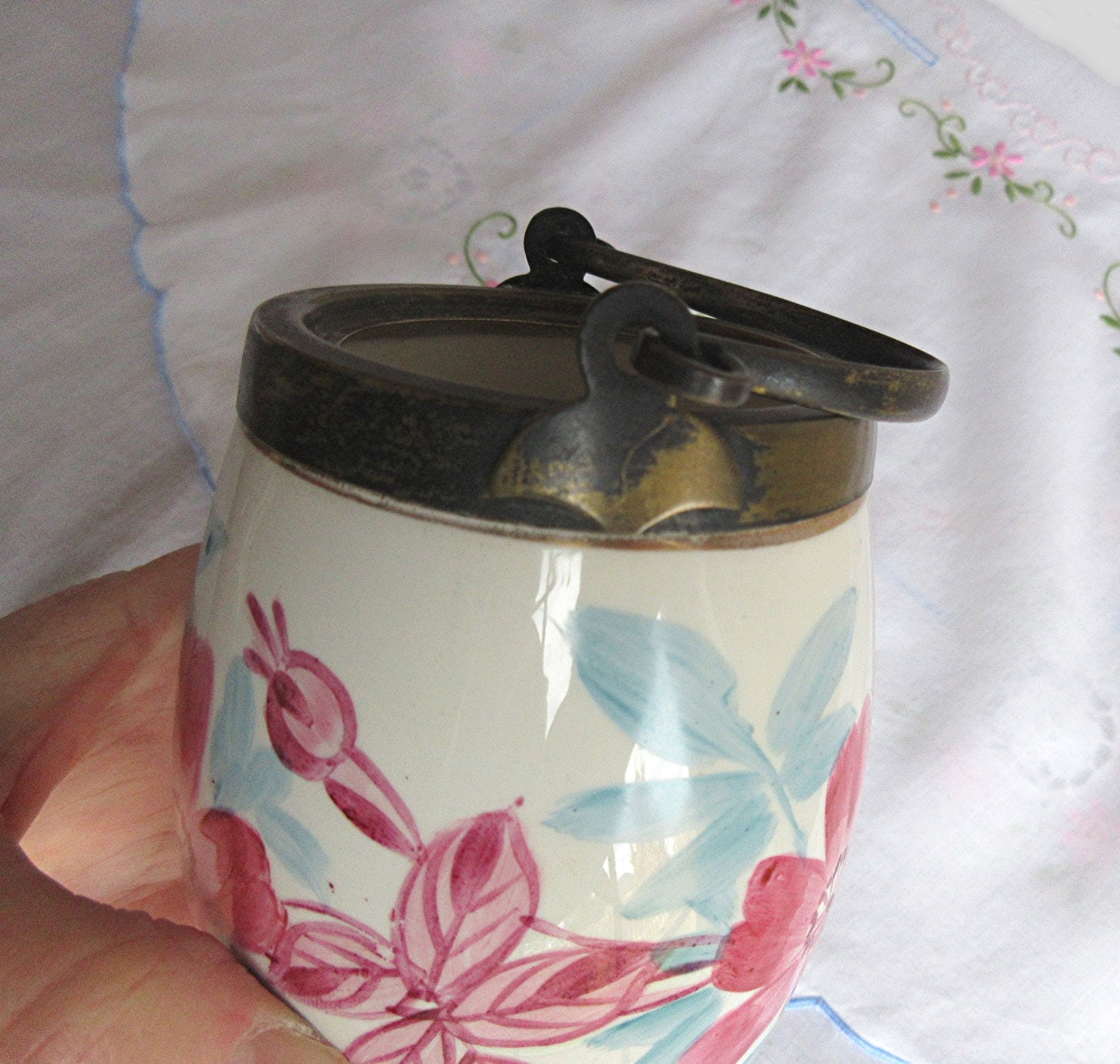 Antique Small Cookie Barrel, Hand Painted Cookie Jar, Pink Flowers