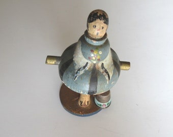 Rare German Gabler Enameled Thimble With Antique Art Deco Wood  Doll Thimble Holder With , OOAK