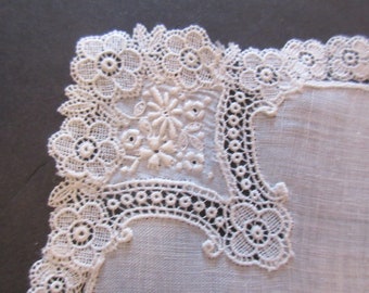 Wedding Handkerchief, Vintage Fine Batiste Hankie With Floral Schiffli Lace Border