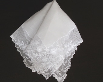 White Wedding Handkerchief, Vintage Bridal Hankie Net Lace Border