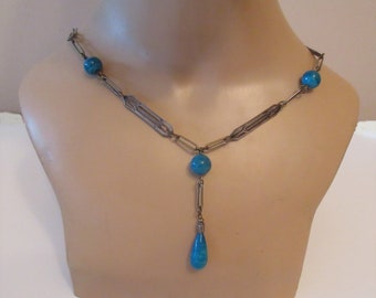 Art Deco Czech Glass Lariat Necklace, Dark Turquoise Colored Glass Beads