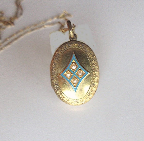 Antique 9K Gold Locket with Blue Enamel and Seed P