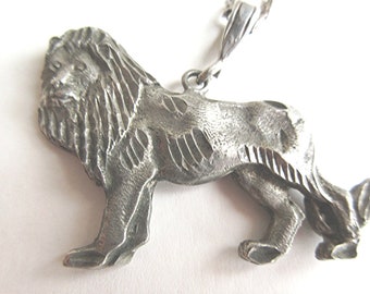 Large Sterling Lion Necklace, Antique Lion Pendant on Long Chain