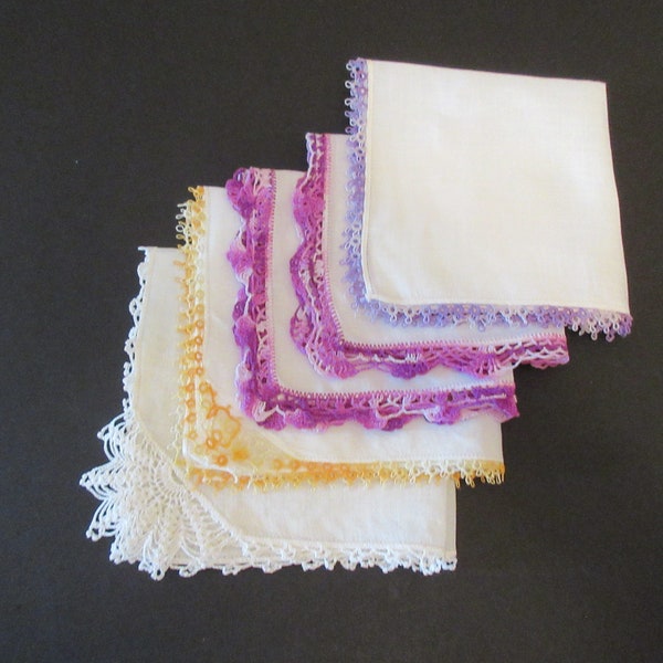 Vintage Set Of Five Fine Linen Handkerchiefs, Hand Crocheted, Hand Tatted Borders