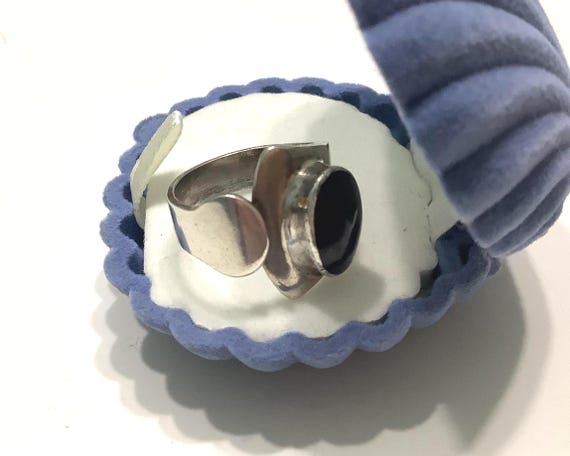 Solid Sterling Silver Mexican Ring with Black Sto… - image 2