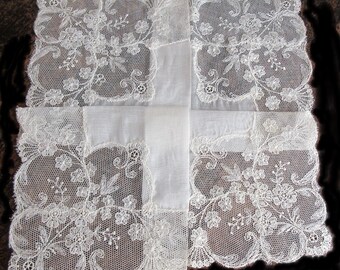 Vintage Wedding Handkerchief, Bridal Hankie, Sheer Batiste Fabric, Floral Net Lace Border