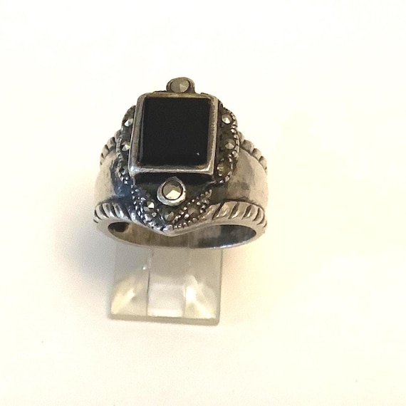 Solid Sterling Silver Ring With Onyx Central Ston… - image 1