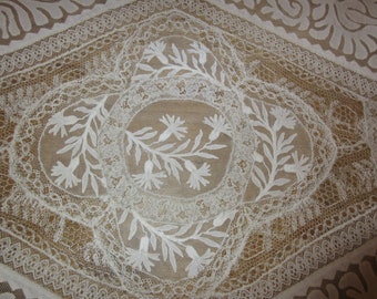 Rare Antique Fine Lace Doily, Hand Made With Different Types of Lace, Embroidered Flowers And Applique Work In Stylized Patterns