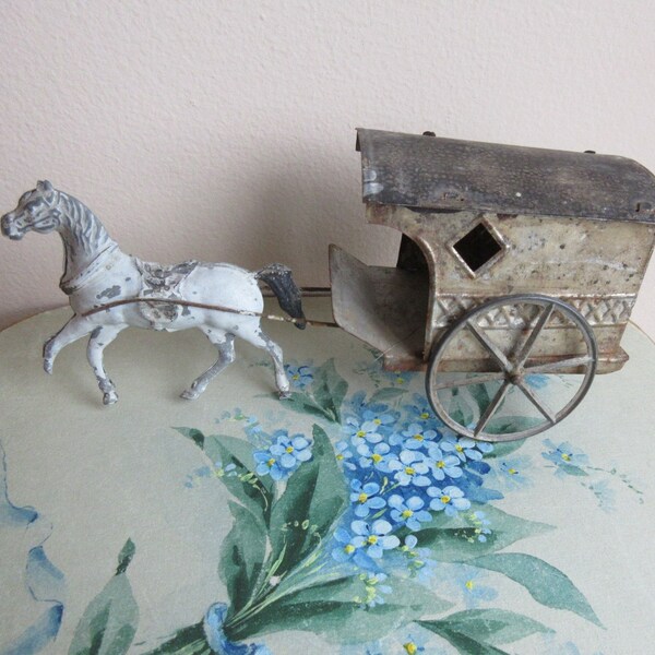 Tin Horse And Buggy, Folky Antique Hand Made White Horse, Carriage With Large Fine Metal Wheels