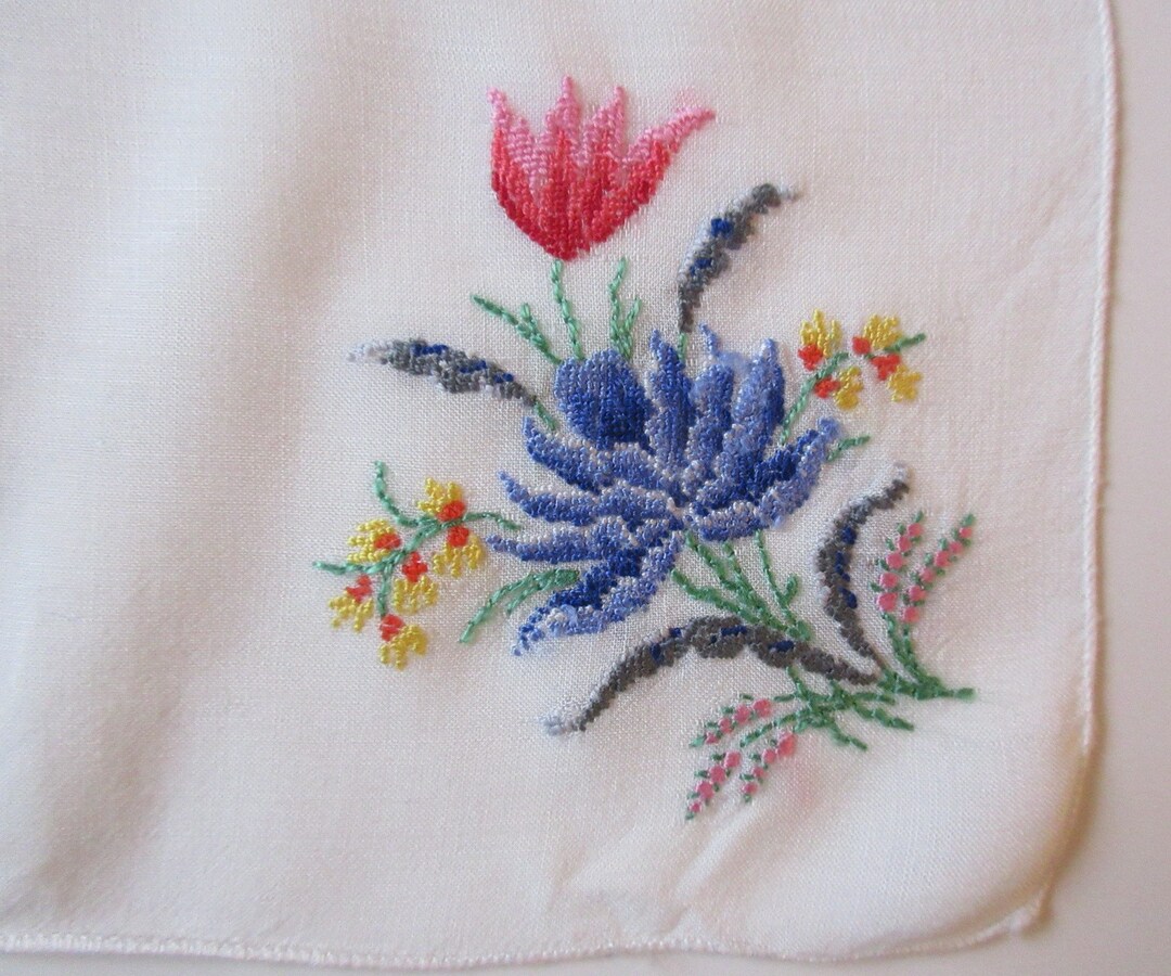 Petit Point Handkerchief, Vintage Hand Stitched Floral Petit Point Hankie Etsy