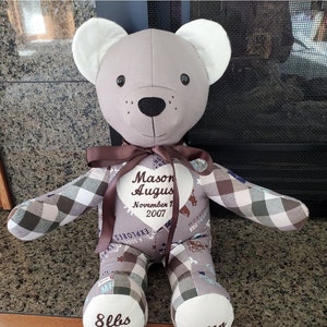 Bear A - Birthweight & Length Newborn Keepsake Memory Bear made from baby's Upcycled clothing, onesies.  Stuffed