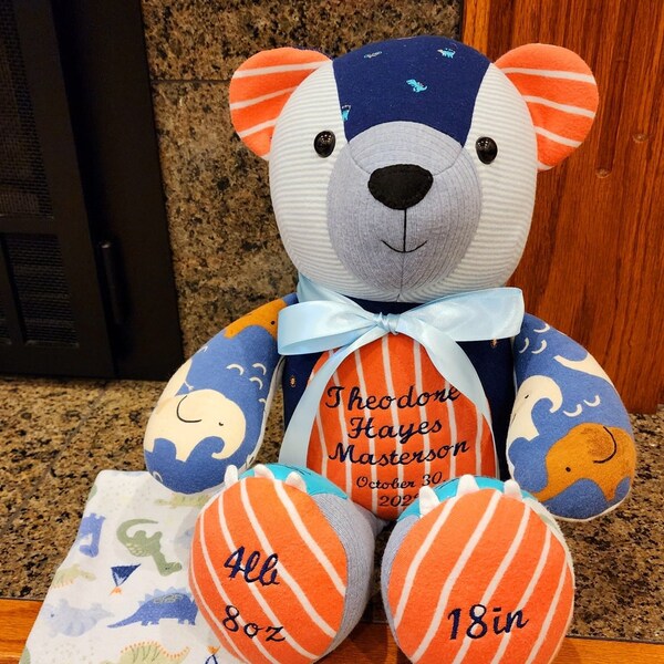 Bear B - Birthweight / Length Bear (Style B), Custom Bear made from Baby's outgrown clothing. Keepsake Memory Bear