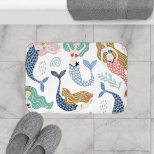 Mermaid bath mat colorful kids bathroom decor little girls shower mat boho bathroom mat magical ocean sea