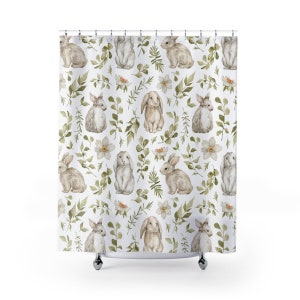 Rabbit Shower Curtain kids shower curtain cute bunny shower curtain boho bathroom decor forest animals shower curtain watercolor woodland