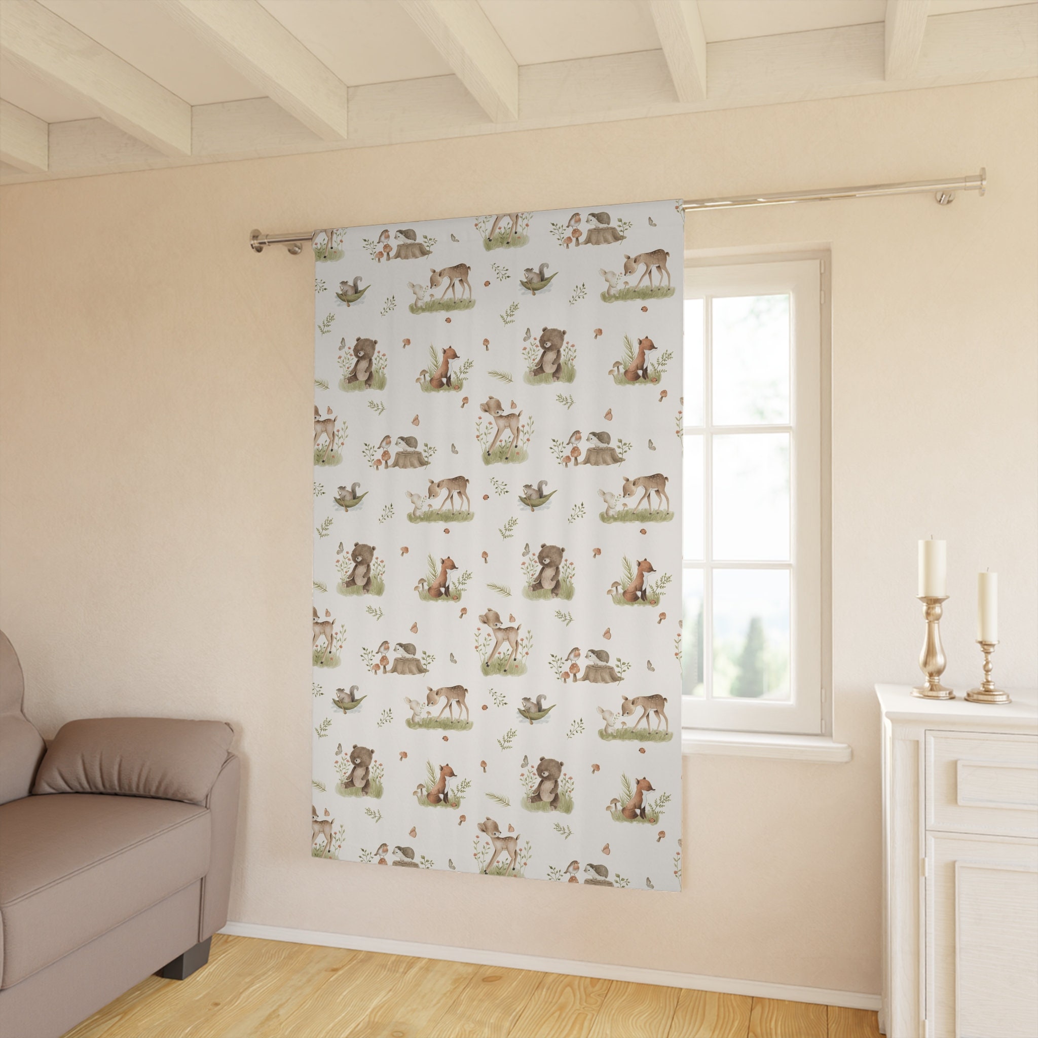 Woodland Window Curtains Kids Room Decor Forest Curtains Beige Modern Nursery Wodland Animals