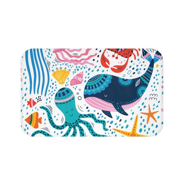 Ocean bath mat colorful kids bathroom decor whale bathroom mat sea animals shower mat kids bathroom mat children sea bathroom decor nautical