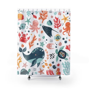 Ocean Shower Curtain kids shower curtain cute shower curtain nautical bathroom decor sealife shower curtain children sea animals ocean