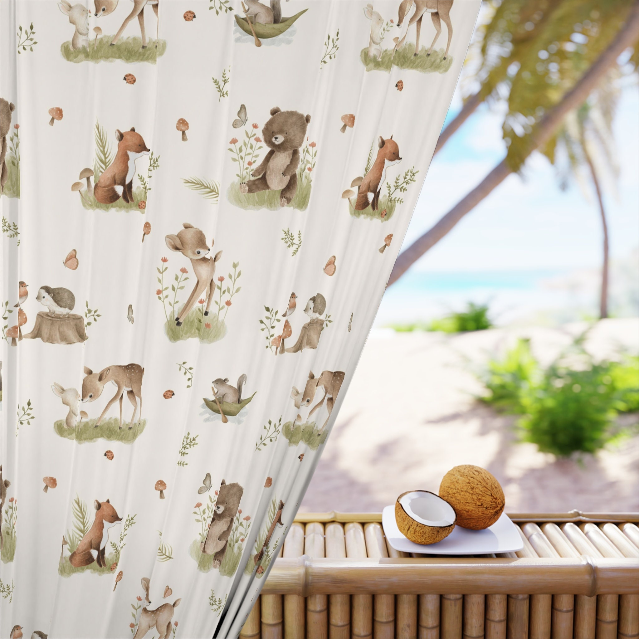 Woodland Window Curtains Kids Room Decor Forest Curtains Beige Modern Nursery Wodland Animals