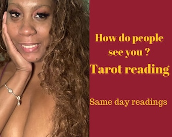 May include: A woman with long, curly brown hair smiles, resting her hand on her cheek. Text on a maroon background reads "How do people see you? Tarot reading. Same day readings."