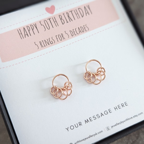 5 Rings Rose Gold Earrings | Five Rings For Five Decades | Women's 50th Gift | FREE Personalised Message Card