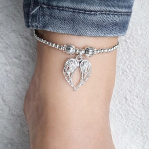 Silver Beaded Angel Wings Stretch Anklet or Bracelet – Dainty Spiritual Jewelry Gift for Her image 1