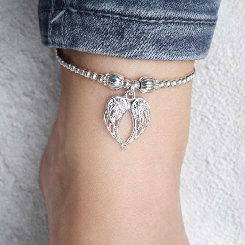 Silver Beaded Angel Wings Stretch Anklet or Bracelet – Dainty Spiritual Jewelry Gift for Her image 1