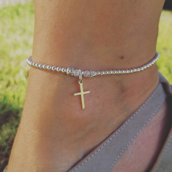 Stainless Steel Cross and Crystal Anklet