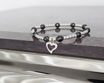 Sterling Silver and Hematite Heart Stretch Bracelet | Hematite Jewellery | Gift for Women and Ladies | Gift For Her