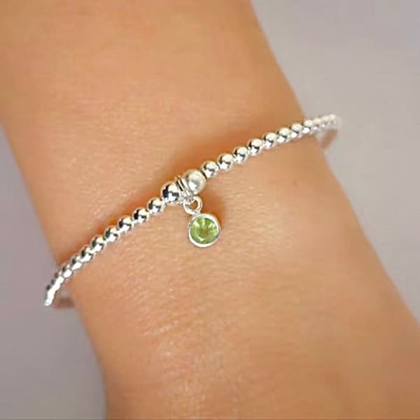 Sterling Silver August Birthstone Peridot Beaded Stretch Bracelet | Birthday Jewellery For Women & Ladies | FREE Personalised Message Card