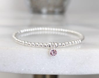 Sterling Silver June Birthstone Bracelet: 3mm Alexandrite Beaded Charm Bracelet