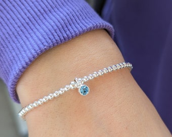 Sterling Silver March Aquamarine Birthstone Stretch Bracelet | Birthday Bracelet | March Birthday Gift | FREE Personalised Message Card