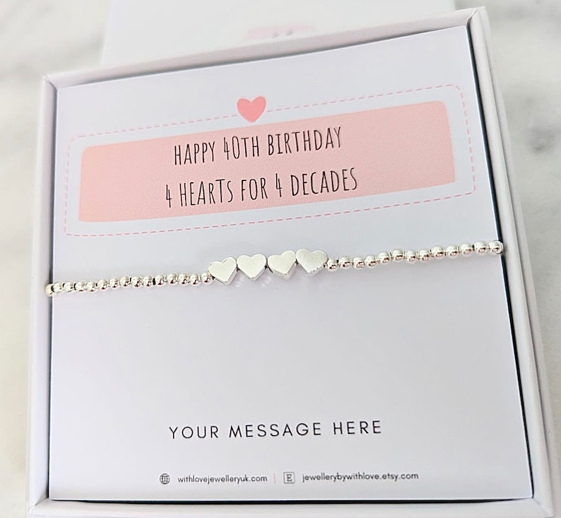 20th 30th 40th 50th 60th 70th 80th Silver Hearts Birthday Bracelet Birthday Gifts for Women FREE Personalised Message Card image 1