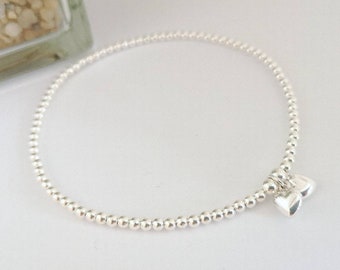 Sterling Silver Beaded Stretch Anklet: Heart Charm stretch fit