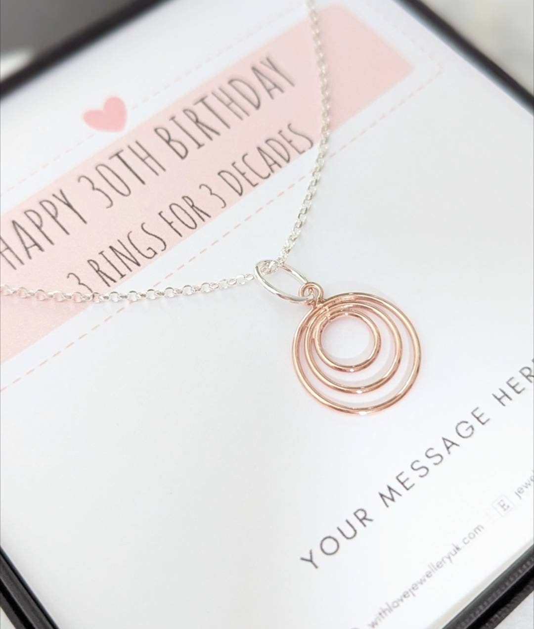 30th Birthday Necklace: Rose Gold Sterling Silver 3-ring Charm