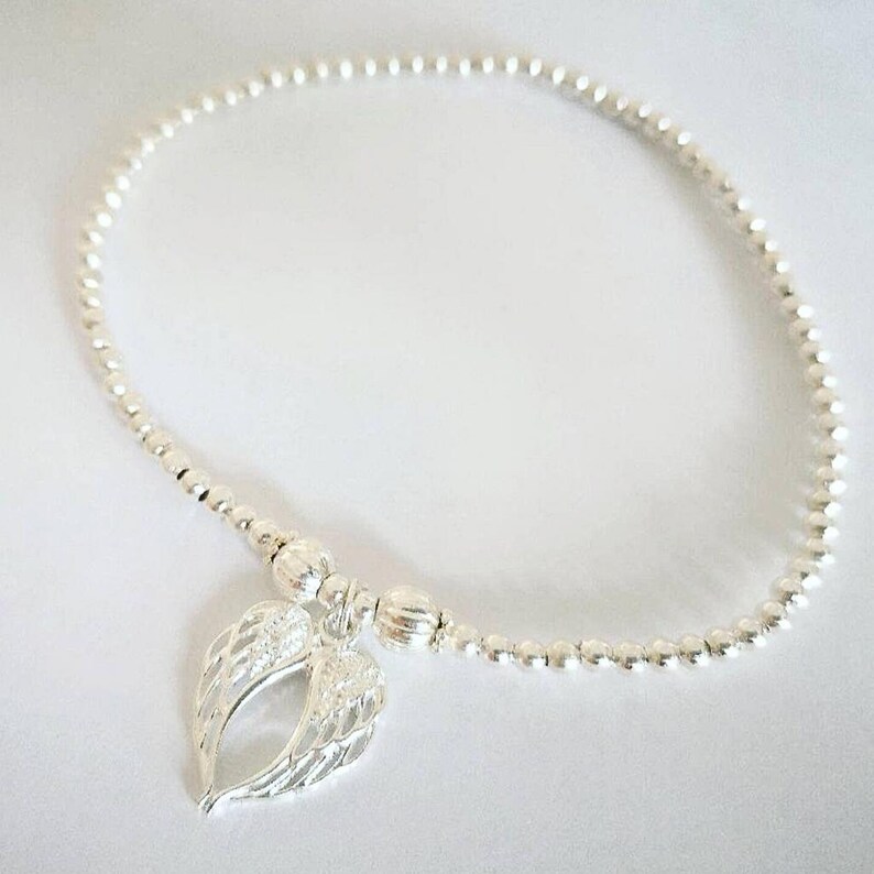 Silver Beaded Angel Wings Stretch Anklet or Bracelet – Dainty Spiritual Jewelry Gift for Her image 7