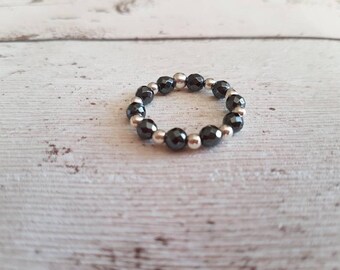 Sterling Silver & Hematite Beaded Stretch Ring | Matching Bracelet | Jewellery Set | Gifts For Her | Gift For Women And Ladies