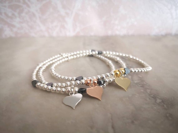 Sterling Silver Love Heart Beaded Stretch Bracelets Rose Gold