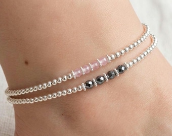 Silver Beaded Stetch Anklet with Rose Quartz or Hematite Beads