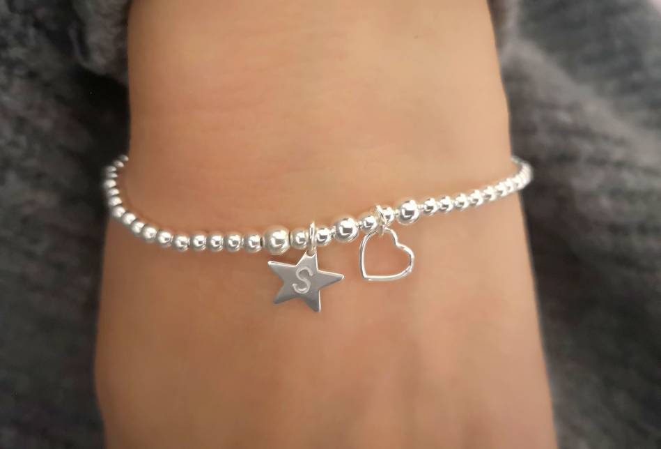 Sterling Silver Initial Star Bracelet: Personalised Beaded Charm