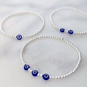 Bracelet de perles mauvais œil | Argent sterling ou bracelet extensible de protection en argent | Bijoux mauvais œil | Carte de message personnalisée GRATUITE