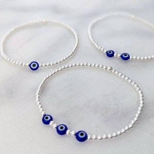 Evil Eye Beaded Bracelet | Sterling Silver or Silver Protection Stretch Bracelet | Evil Eye Jewellery | FREE Personalised Message Card