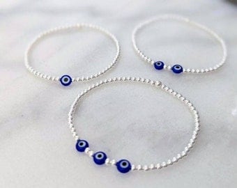 Evil Eye Beaded Bracelet | Sterling Silver or Silver Protection Stretch Bracelet | Evil Eye Jewellery | FREE Personalised Message Card