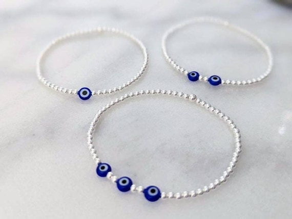 Evil Eye Beaded Bracelet Sterling Silver or Silver Protection