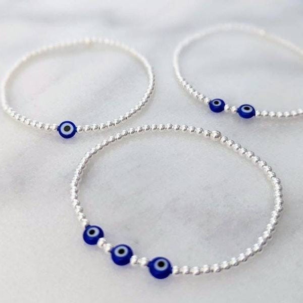 Evil Eye Beaded Bracelet | Sterling Silver or Silver Protection Stretch Bracelet | Evil Eye Jewellery | FREE Personalised Message Card