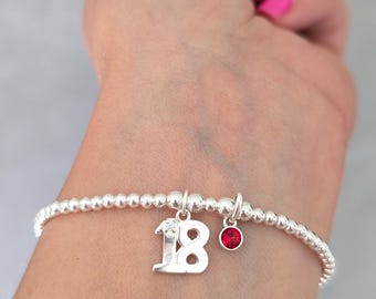 Sterling Silver 18th Birthday Bracelet with Charm and Birthstone (Gift Boxed)