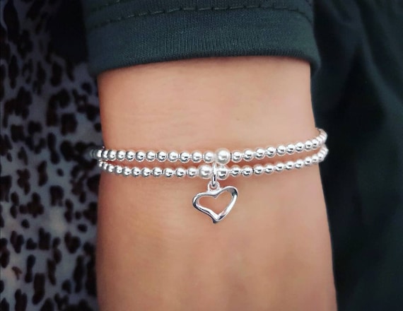 Sterling silver beaded heart adjustable bracelet discount