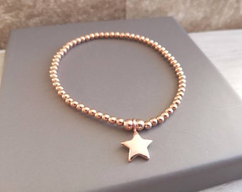 Sterling Silver Rose Gold Star Beaded Stretch Bracelet | Jewellery Gift for Women | Stamped 925 Jewellery