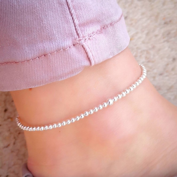 Silver Anklet | Silver Bead Anklet | Silver Beaded Stretch Jewellery | Stretch Silver Ankle Bracelet | Holiday Jewellery