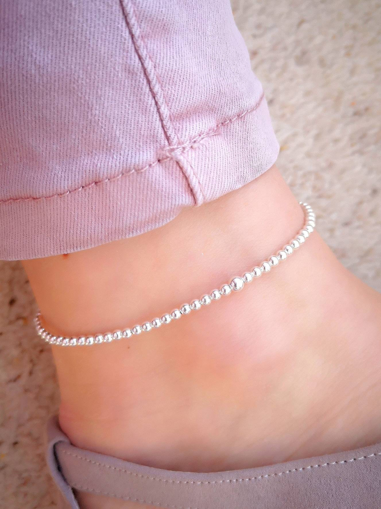 Silver Anklet Silver Bead Anklet Silver Beaded Stretch Etsy UK